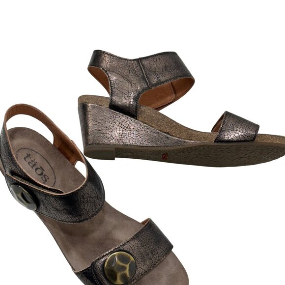 Taos Brown metallic Crackle Leather Adjustable Strap Women Wedge Sandals Size 40 - Picture 6 of 15